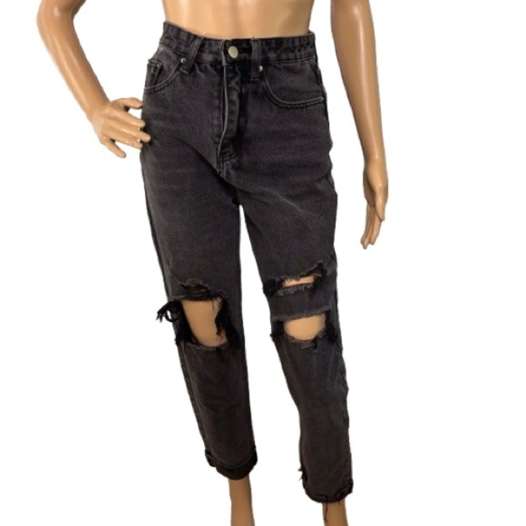 Black Ultra Ripped Distressed High Rise Cropped Jeans Size 0 - Picture 1 of 7